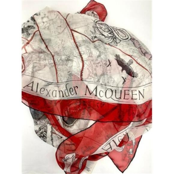 New Alexander McQueen Ivory Silk Red Skull Floral Map Scarf Shawl Authentic - Picture 7 of 9